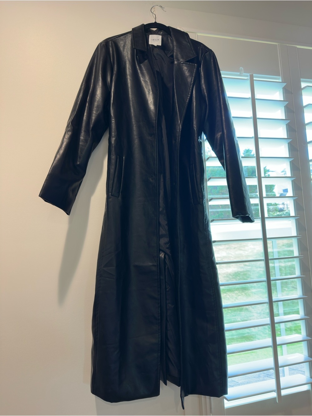 Le Lis Black Long Faux Leather Trench Coat